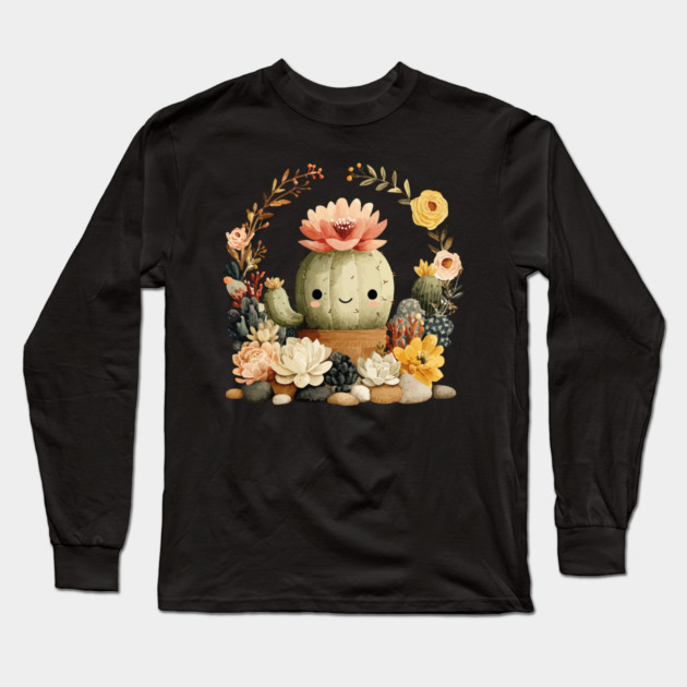 Smiling Cactus in a Succulent Wreath - Plant Parent Folk Art Long Sleeve T-Shirt by TuncGK
