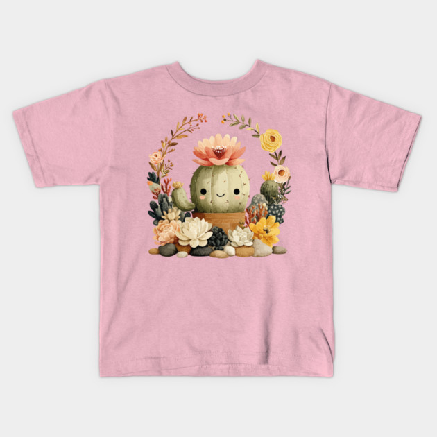 Smiling Cactus in a Succulent Wreath - Plant Parent Folk Art Kids T-Shirt by TuncGK
