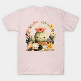 Smiling Cactus in a Succulent Wreath - Plant Parent Folk Art T-Shirt