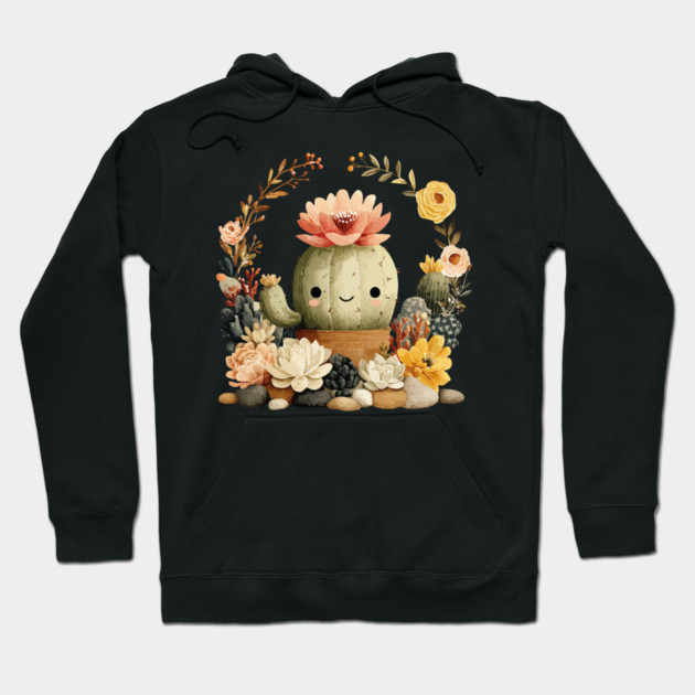 Smiling Cactus in a Succulent Wreath - Plant Parent Folk Art Hoodie by TuncGK