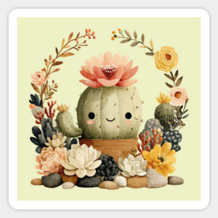 Smiling Cactus in a Succulent Wreath - Plant Parent Folk Art Sticker