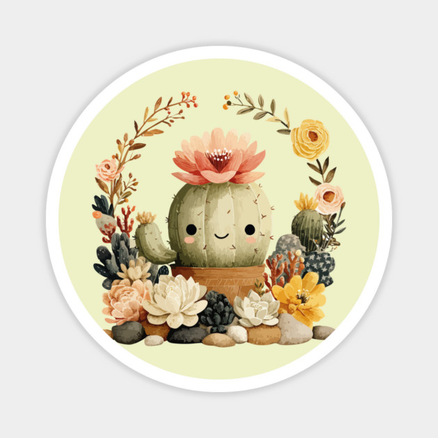 Smiling Cactus in a Succulent Wreath - Plant Parent Folk Art Magnet by TuncGK