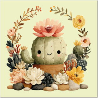 Smiling Cactus in a Succulent Wreath - Plant Parent Folk Art Posters and Art