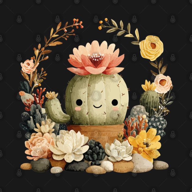 Smiling Cactus in a Succulent Wreath - Plant Parent Folk Art by TuncGK