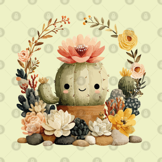 Smiling Cactus in a Succulent Wreath - Plant Parent Folk Art by TuncGK
