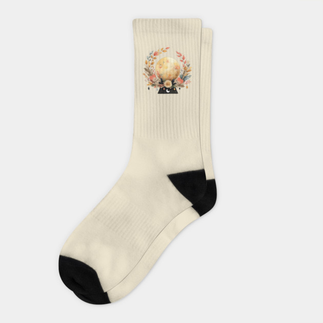 Full Moon in a Celestial Wreath - Witchy & Astrology Art Socks by TuncGK