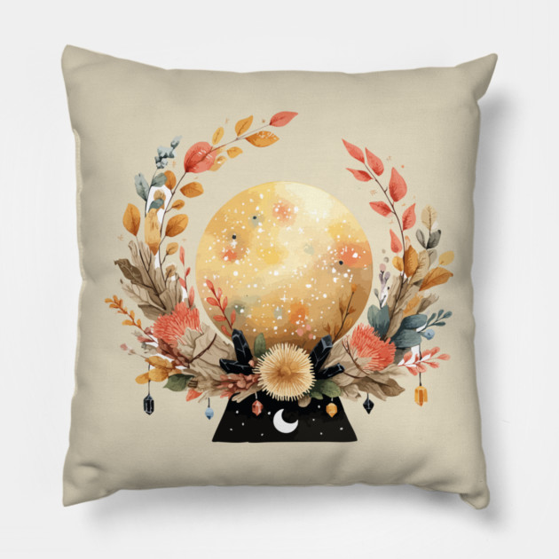 Full Moon in a Celestial Wreath - Witchy & Astrology Art Pillow by TuncGK
