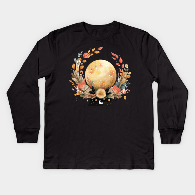 Full Moon in a Celestial Wreath - Witchy & Astrology Art Kids Long Sleeve T-Shirt by TuncGK