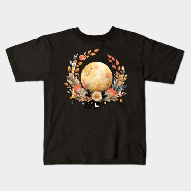 Full Moon in a Celestial Wreath - Witchy & Astrology Art Kids T-Shirt by TuncGK
