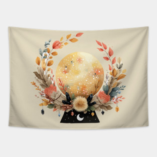 Full Moon in a Celestial Wreath - Witchy & Astrology Art Tapestry