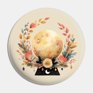 Full Moon in a Celestial Wreath - Witchy & Astrology Art Pin