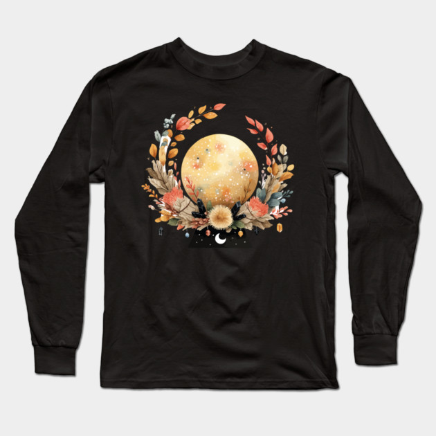Full Moon in a Celestial Wreath - Witchy & Astrology Art Long Sleeve T-Shirt by TuncGK