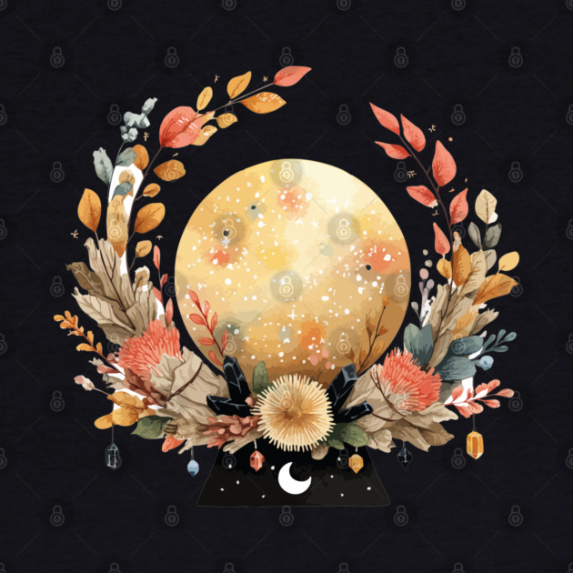 Full Moon in a Celestial Wreath - Witchy & Astrology Art by TuncGK