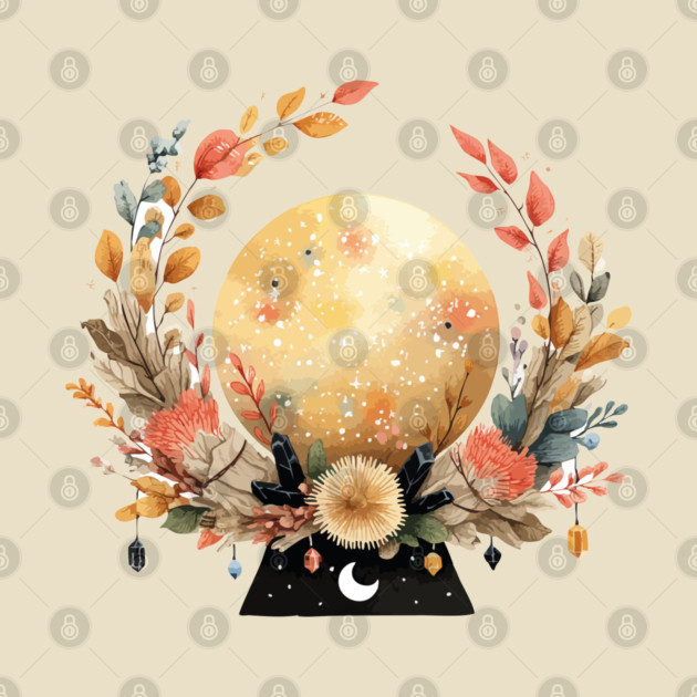 Full Moon in a Celestial Wreath - Witchy & Astrology Art by TuncGK