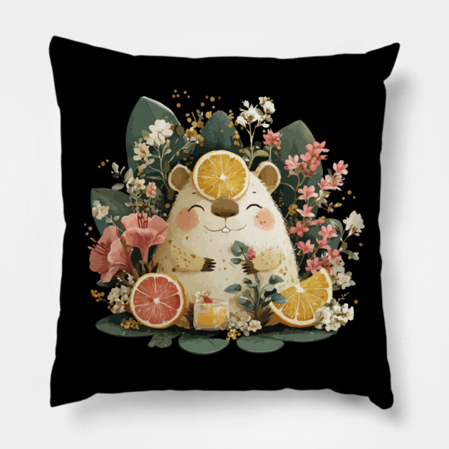 Chill Capybara with an Orange Slice - Whimsical Animal Folk Art Pillow by TuncGK