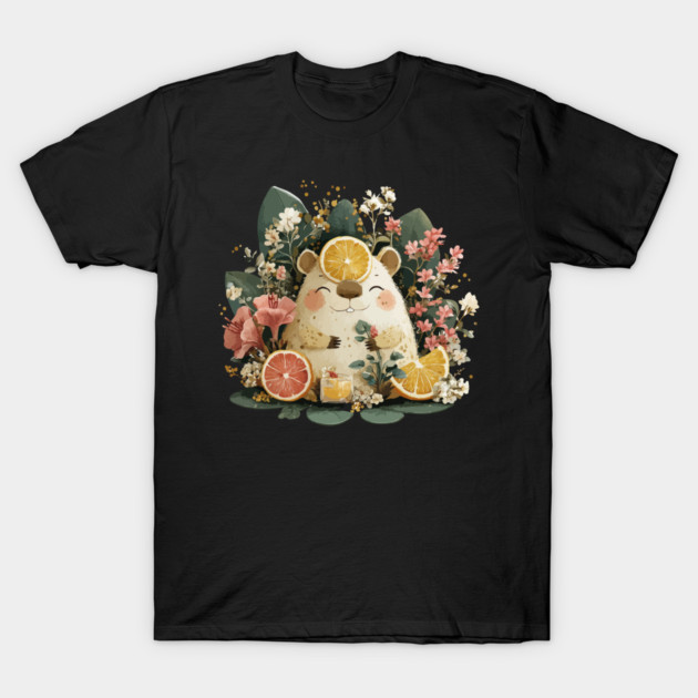 Chill Capybara with an Orange Slice - Whimsical Animal Folk Art T-Shirt by TuncGK
