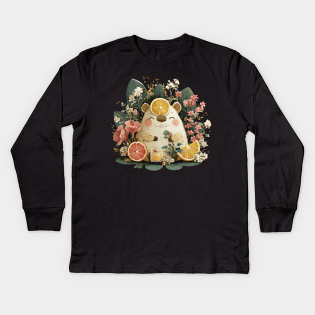 Chill Capybara with an Orange Slice - Whimsical Animal Folk Art Kids Long Sleeve T-Shirt by TuncGK