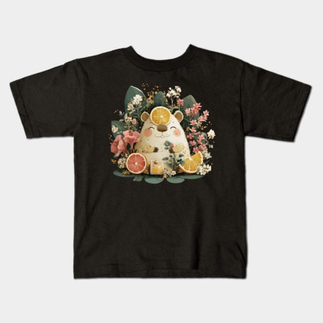 Chill Capybara with an Orange Slice - Whimsical Animal Folk Art Kids T-Shirt by TuncGK