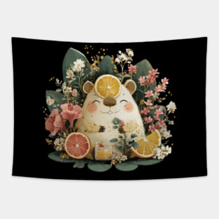 Chill Capybara with an Orange Slice - Whimsical Animal Folk Art Tapestry