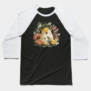 Chill Capybara with an Orange Slice - Whimsical Animal Folk Art Baseball T-Shirt