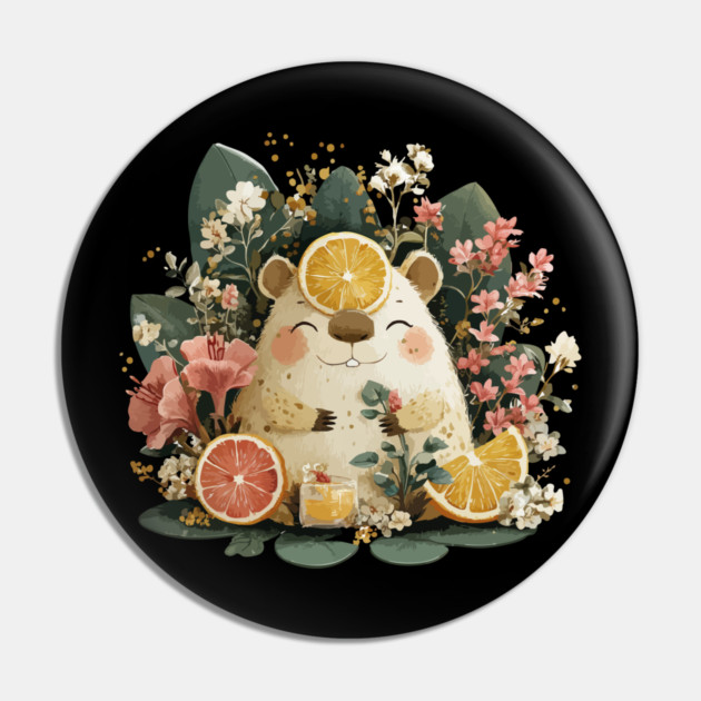 Chill Capybara with an Orange Slice - Whimsical Animal Folk Art Pin by TuncGK