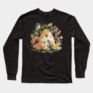 Chill Capybara with an Orange Slice - Whimsical Animal Folk Art Long Sleeve T-Shirt