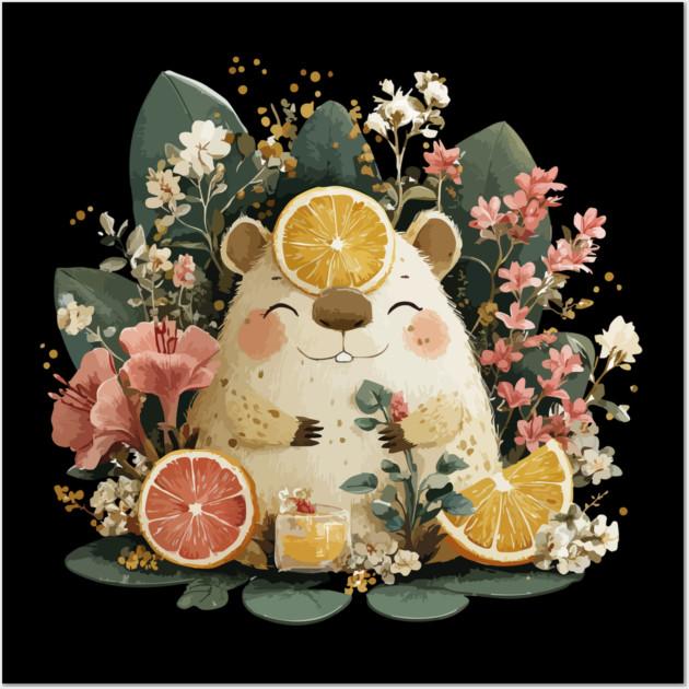 Chill Capybara with an Orange Slice - Whimsical Animal Folk Art Wall Art by TuncGK