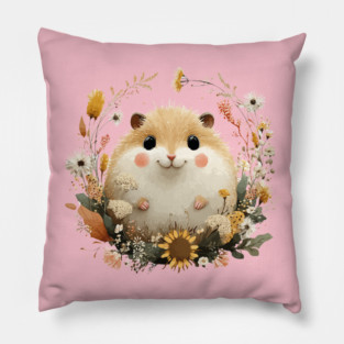 Chubby Hamster in a Sunflower Wreath - Pet Owner Folk Art Pillow