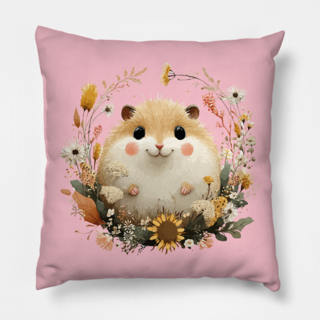 Chubby Hamster in a Sunflower Wreath - Pet Owner Folk Art Pillow by TuncGK