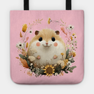 Chubby Hamster in a Sunflower Wreath - Pet Owner Folk Art Tote