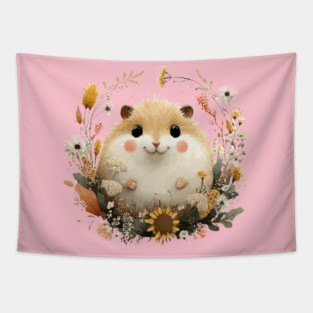 Chubby Hamster in a Sunflower Wreath - Pet Owner Folk Art Tapestry