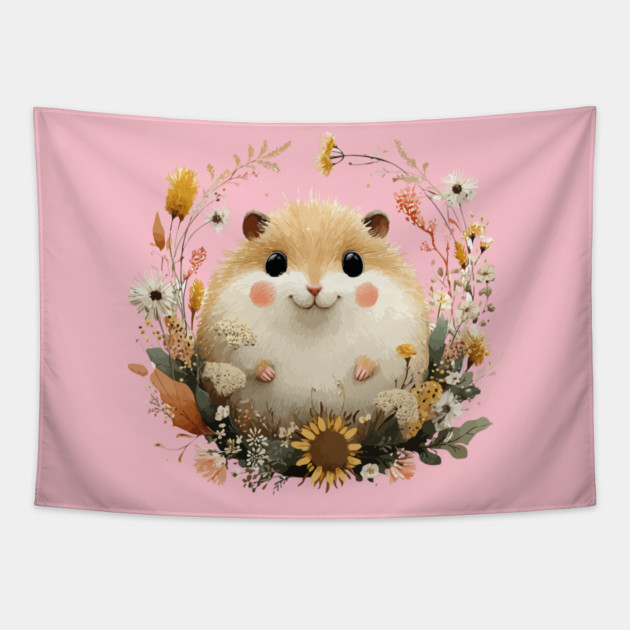 Chubby Hamster in a Sunflower Wreath - Pet Owner Folk Art Tapestry by TuncGK