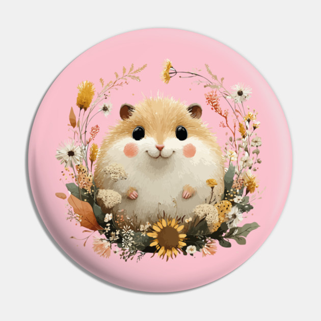 Chubby Hamster in a Sunflower Wreath - Pet Owner Folk Art Pin by TuncGK