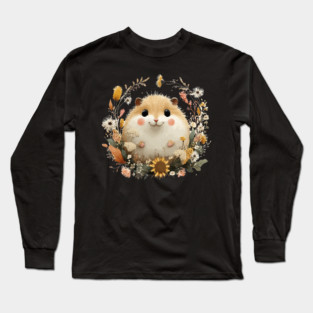 Chubby Hamster in a Sunflower Wreath - Pet Owner Folk Art Long Sleeve T-Shirt