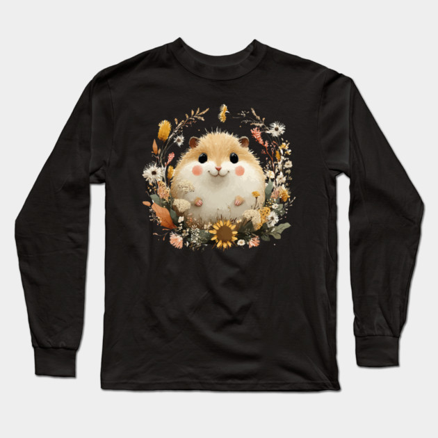 Chubby Hamster in a Sunflower Wreath - Pet Owner Folk Art Long Sleeve T-Shirt by TuncGK