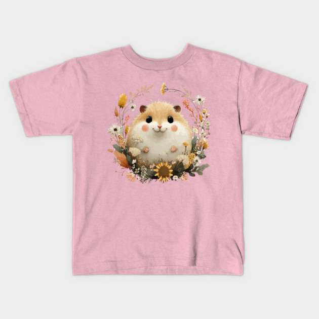 Chubby Hamster in a Sunflower Wreath - Pet Owner Folk Art Kids T-Shirt by TuncGK
