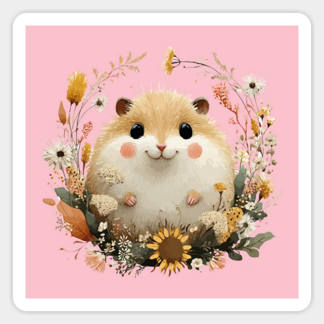 Chubby Hamster in a Sunflower Wreath - Pet Owner Folk Art Magnet by TuncGK