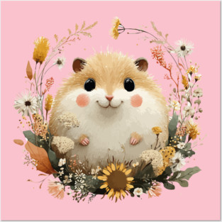 Chubby Hamster in a Sunflower Wreath - Pet Owner Folk Art Posters and Art