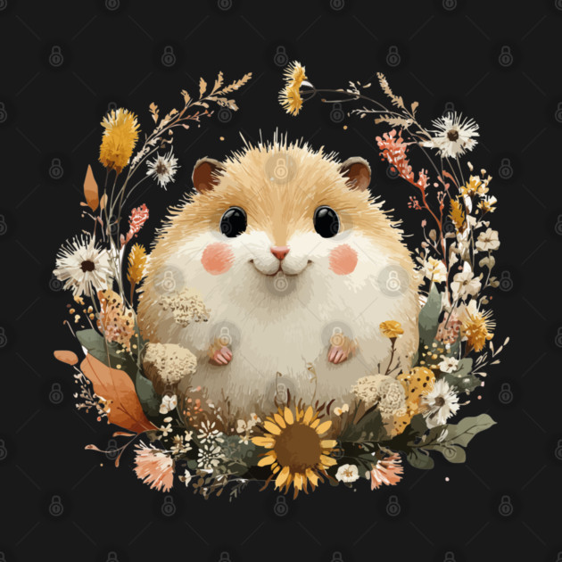 Chubby Hamster in a Sunflower Wreath - Pet Owner Folk Art by TuncGK