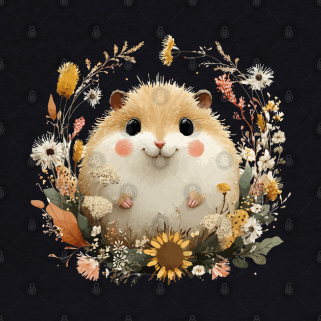 Chubby Hamster in a Sunflower Wreath - Pet Owner Folk Art by TuncGK