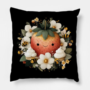 Whimsical Strawberry & Bees - Summer Cottagecore Folk Art Pillow