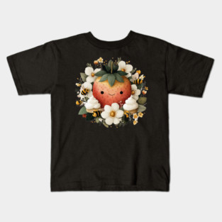 Whimsical Strawberry & Bees - Summer Cottagecore Folk Art Kids T-Shirt