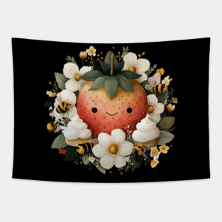 Whimsical Strawberry & Bees - Summer Cottagecore Folk Art Tapestry
