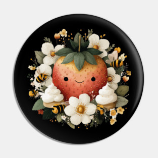 Whimsical Strawberry & Bees - Summer Cottagecore Folk Art Pin