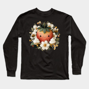 Whimsical Strawberry & Bees - Summer Cottagecore Folk Art Long Sleeve T-Shirt
