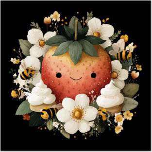 Whimsical Strawberry & Bees - Summer Cottagecore Folk Art Posters and Art