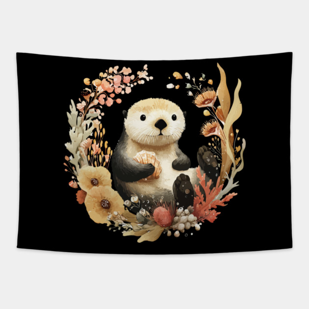 Playful Sea Otter - Significant Otter & Anniversary Folk Art Tapestry by TuncGK
