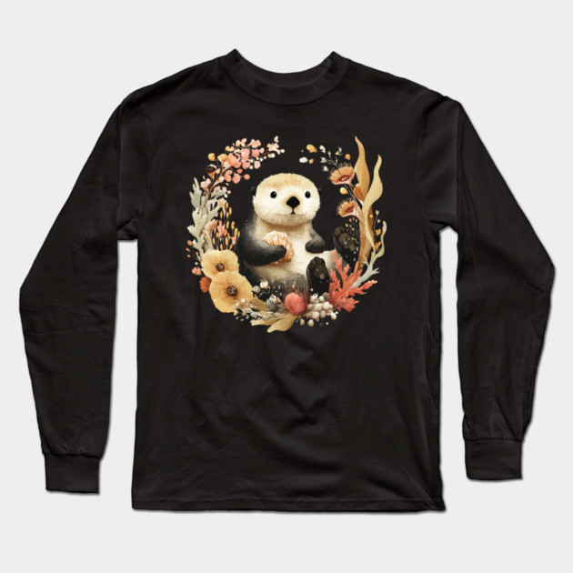 Playful Sea Otter - Significant Otter & Anniversary Folk Art Long Sleeve T-Shirt by TuncGK