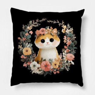 Cozy Orange Cat in a Floral Wreath - Cat Mom & Rescue Folk Art Pillow