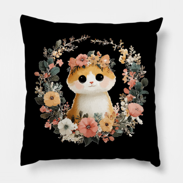 Cozy Orange Cat in a Floral Wreath - Cat Mom & Rescue Folk Art Pillow by TuncGK